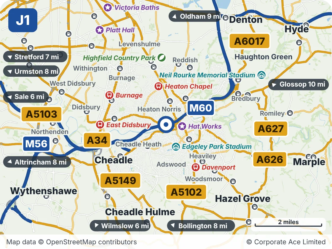 Map of the area within about 5 miles of M60 Junction 1 (Pyramid Roundabout), showing the towns, villages, roads and places to visit