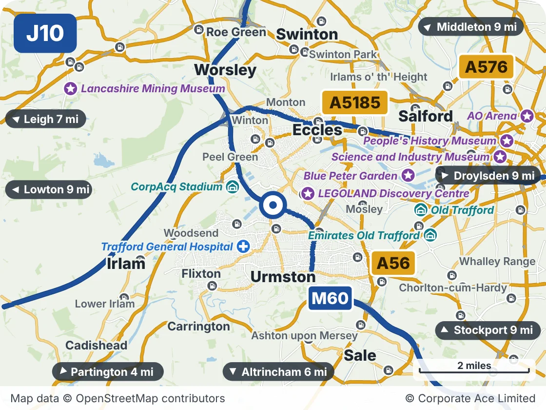 Map of the area within about 5 miles of M60 Junction 10 (Redclyffe), showing the towns, villages, roads and places to visit