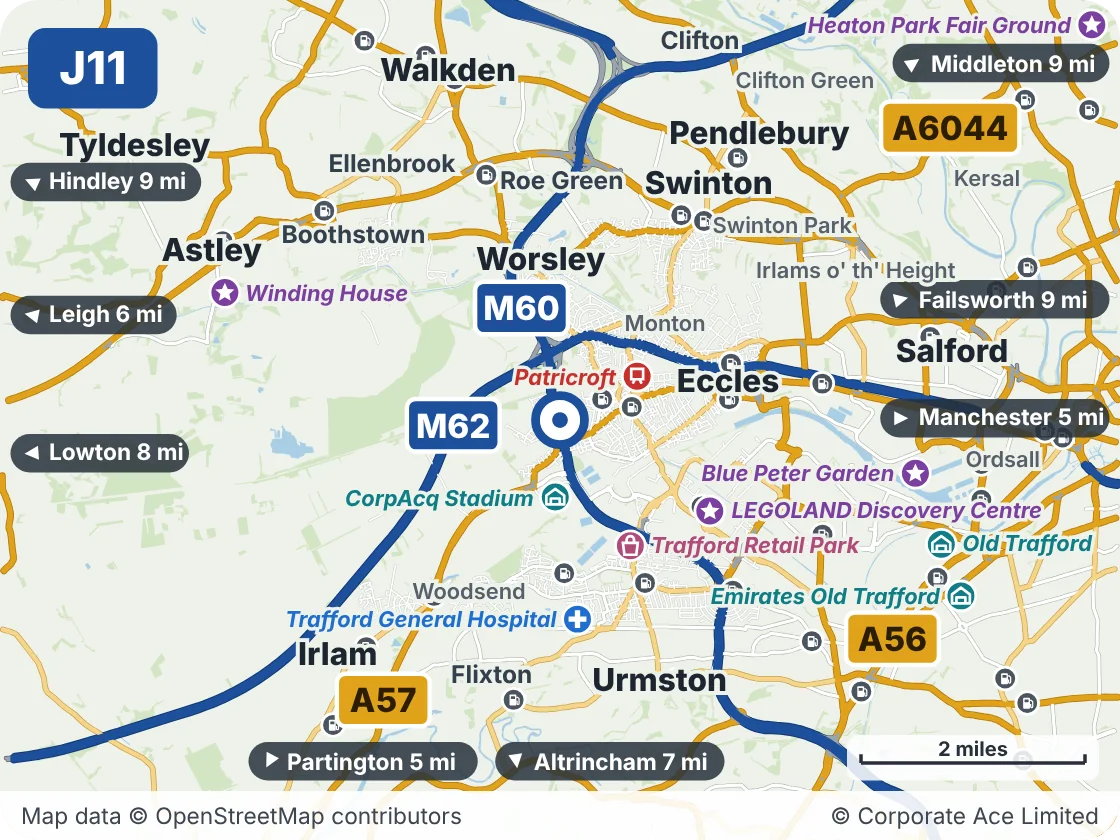 Map of the area within about 5 miles of M60 Junction 11 (Peel Green Interchange), showing the towns, villages, roads and places to visit
