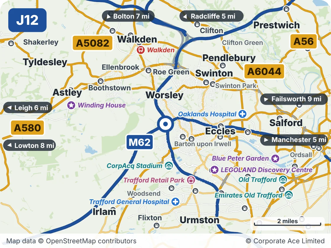 Map of the area within about 5 miles of M60 Junction 12 (Eccles Interchange), showing the towns, villages, roads and places to visit