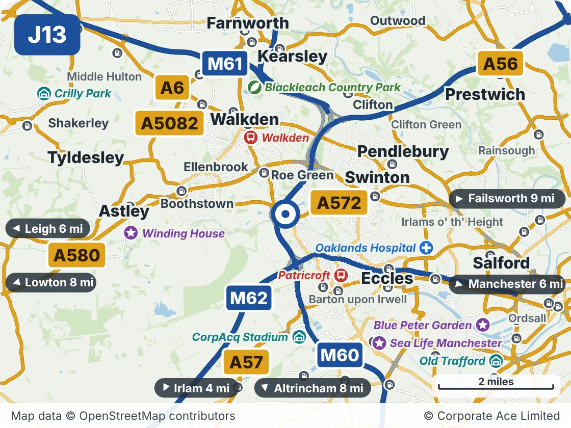 Map of the area within about 5 miles of M60 Junction 13 (Worsley Interchange), showing the towns, villages, roads and places to visit