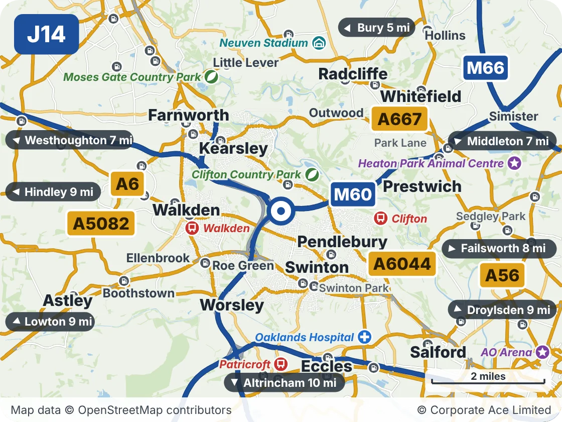 Map of the area within about 5 miles of M60 Junction 14 (Wardley Interchange), showing the towns, villages, roads and places to visit