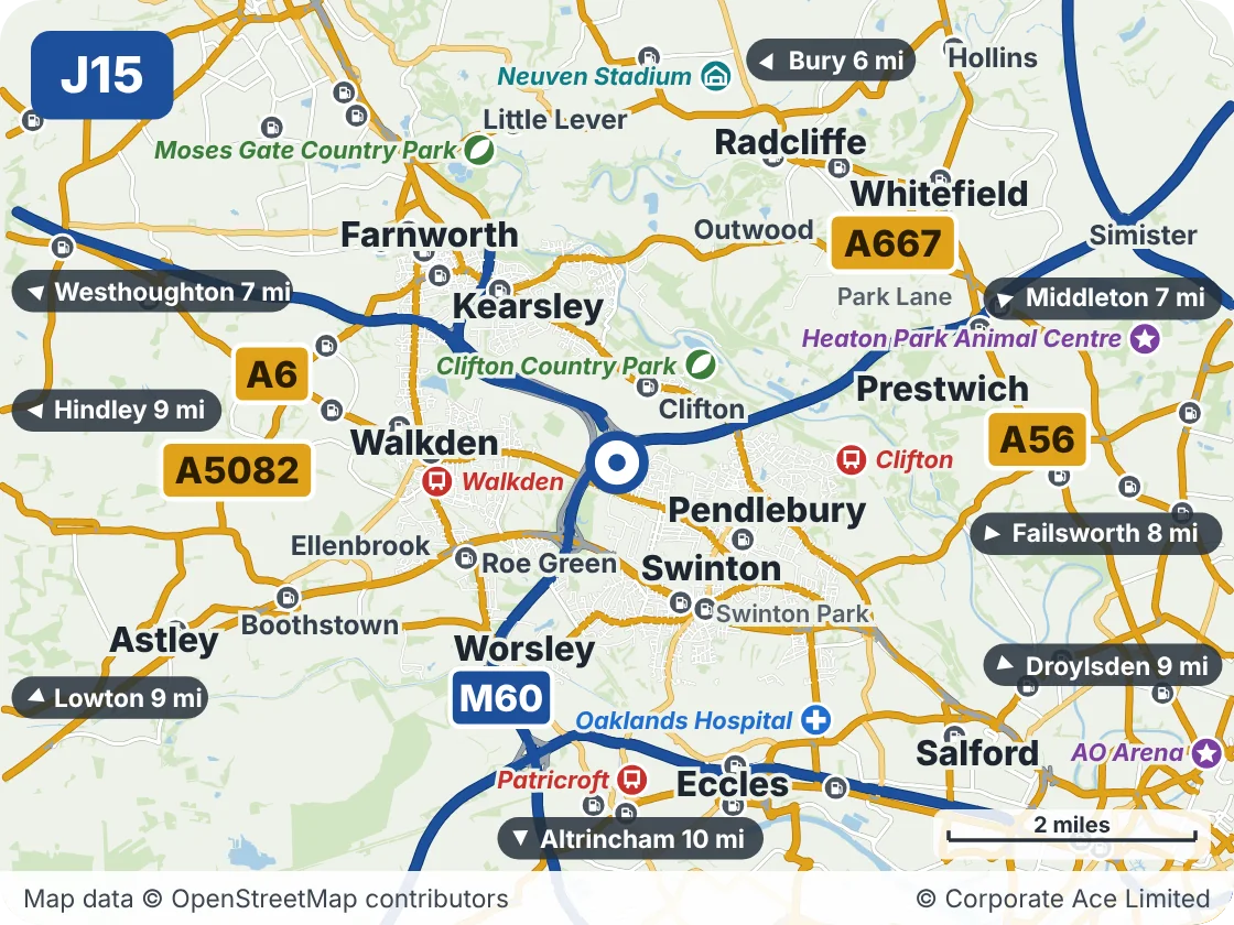 Map of the area within about 5 miles of M60 Junction 15 (Worsley Interchange), showing the towns, villages, roads and places to visit