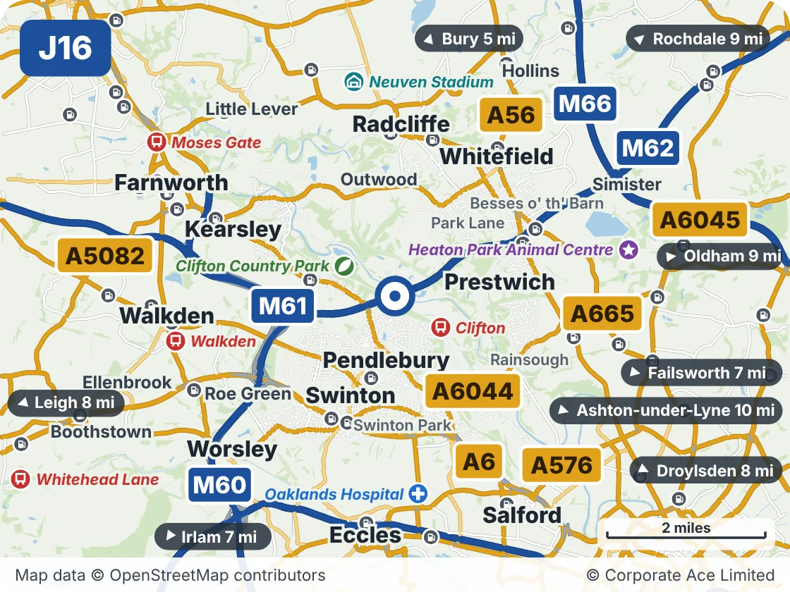 Map of the area within about 5 miles of M60 Junction 16 (Clifton Junction), showing the towns, villages, roads and places to visit