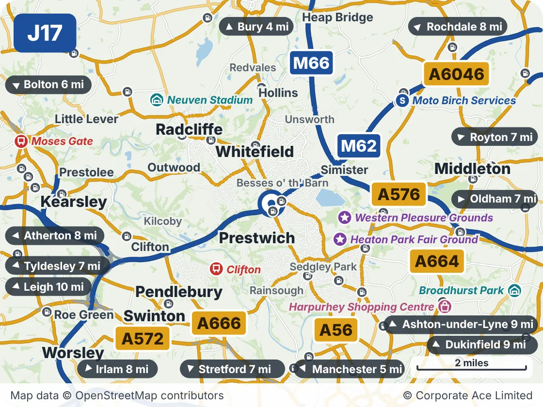 Map of the area within about 5 miles of M60 Junction 17 (Whitefield Interchange), showing the towns, villages, roads and places to visit