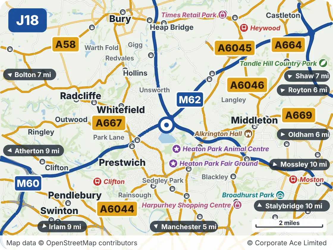 Map of the area within about 5 miles of M60 Junction 18 (Simister Interchange), showing the towns, villages, roads and places to visit