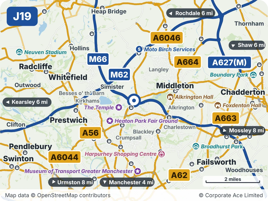 Map of the area within about 5 miles of M60 Junction 19 (Rhodes Interchange), showing the towns, villages, roads and places to visit
