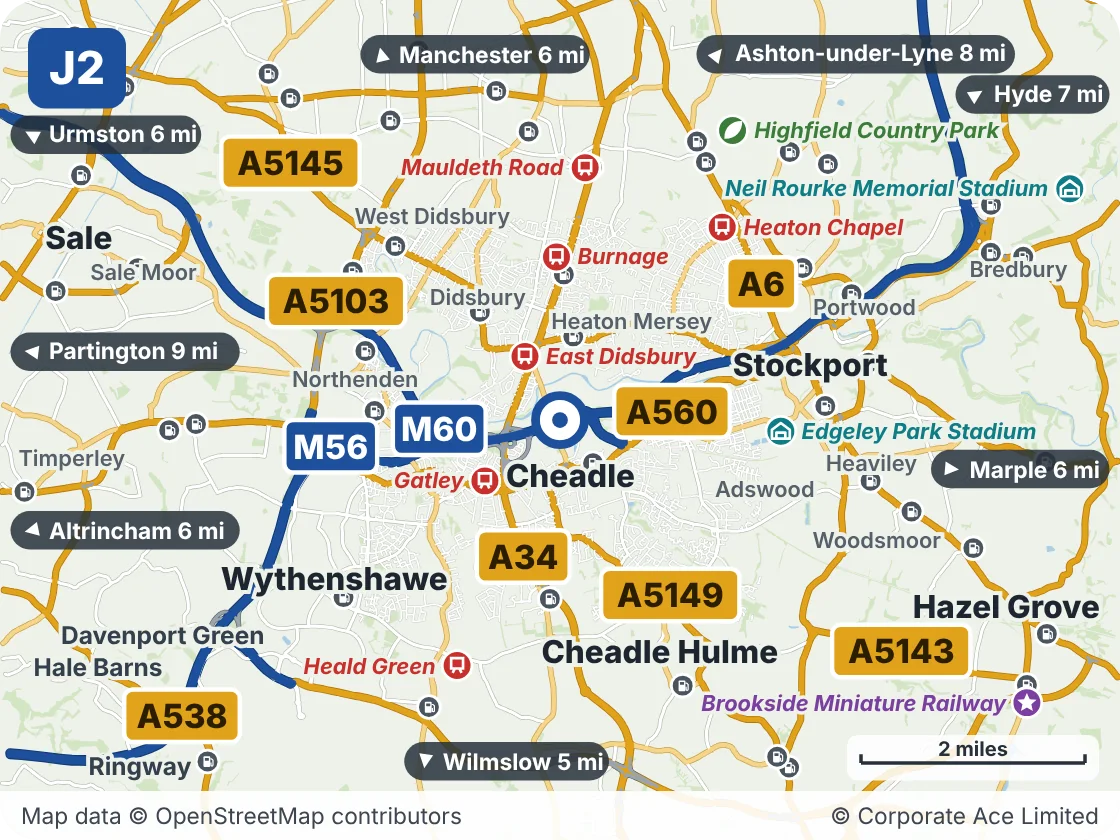 Map of the area within about 5 miles of M60 Junction 2 (Roscoe's), showing the towns, villages, roads and places to visit