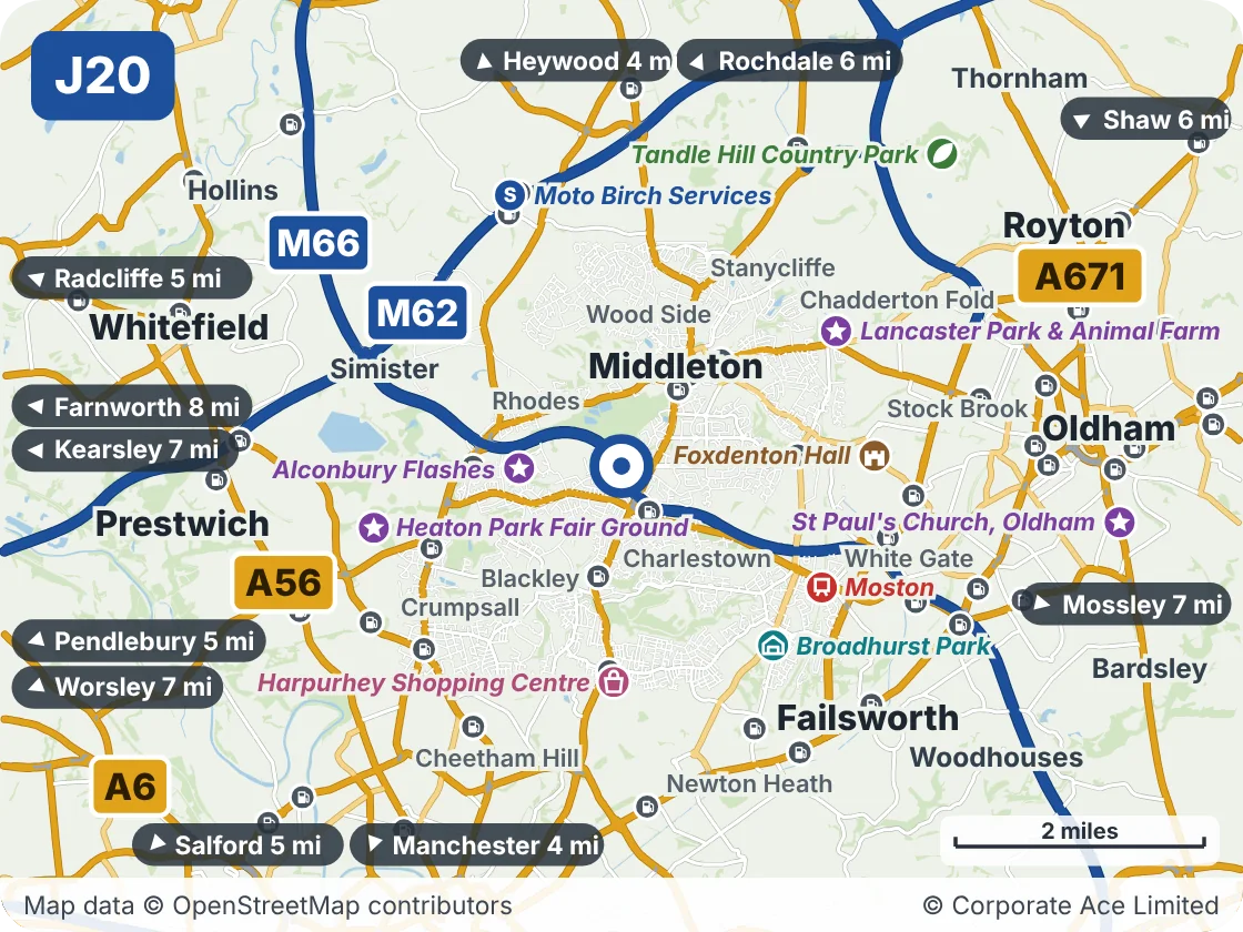 Map of the area within about 5 miles of M60 Junction 20 (Alkrington Interchange), showing the towns, villages, roads and places to visit