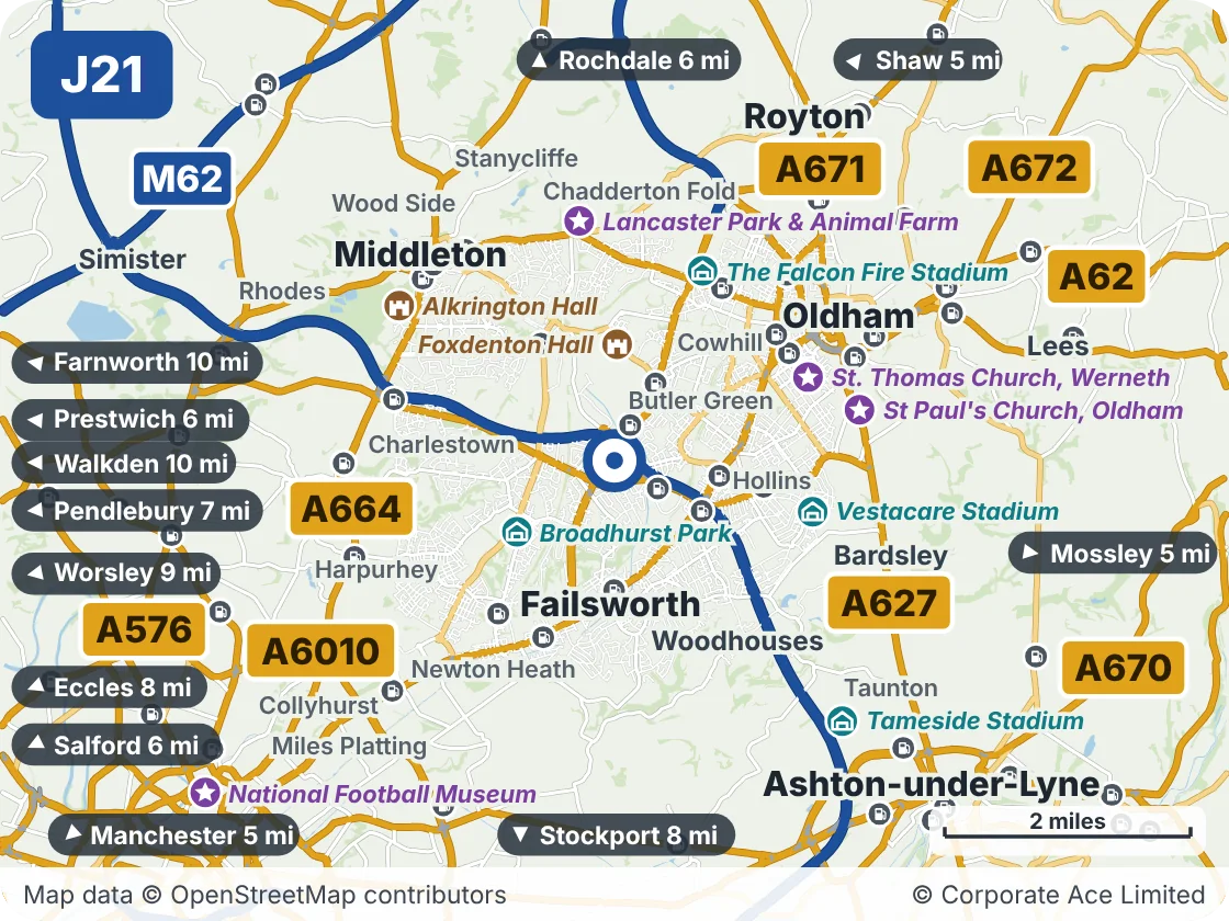 Map of the area within about 5 miles of M60 Junction 21 (Broadway Interchange), showing the towns, villages, roads and places to visit