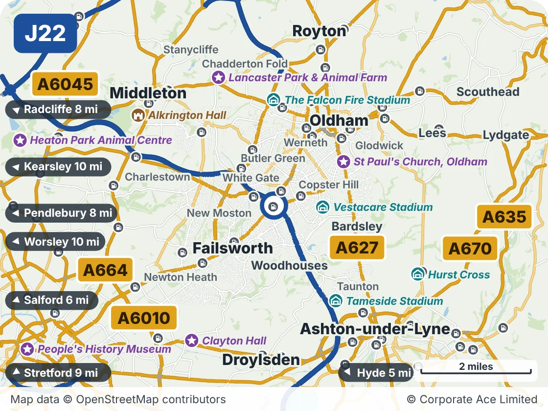 Map of the area within about 5 miles of M60 Junction 22 (Hollinwood Interchange), showing the towns, villages, roads and places to visit