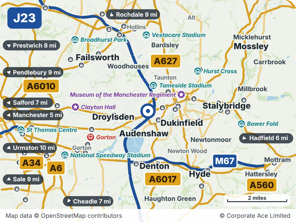 Map of the area within about 5 miles of M60 Junction 23 (Snipe Interchange), showing the towns, villages, roads and places to visit