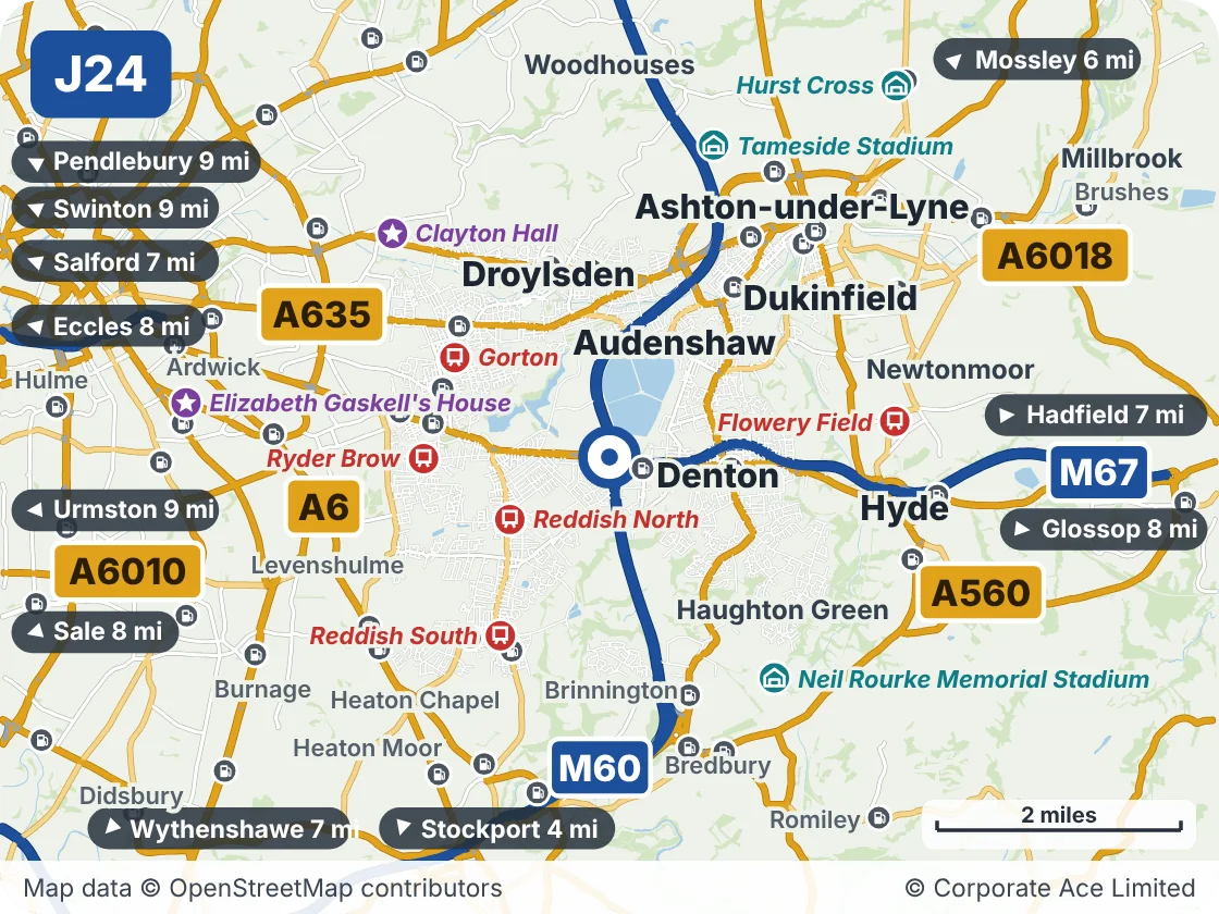 Map of the area within about 5 miles of M60 Junction 24 (Denton), showing the towns, villages, roads and places to visit
