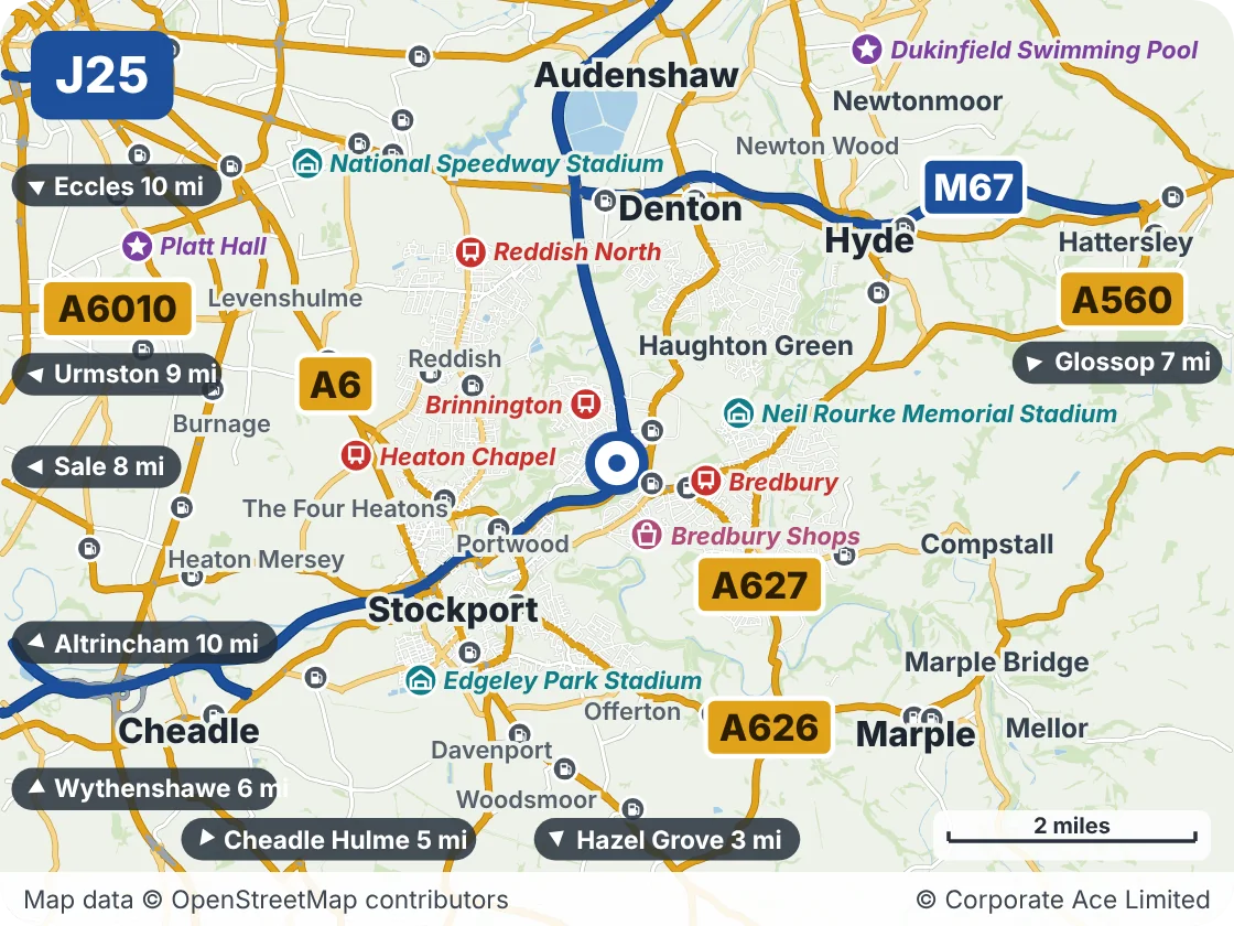 Map of the area within about 5 miles of M60 Junction 25 (Bredbury Interchange), showing the towns, villages, roads and places to visit