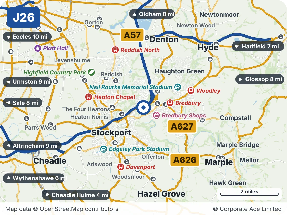 Map of the area within about 5 miles of M60 Junction 26 (Bredbury Scissors), showing the towns, villages, roads and places to visit