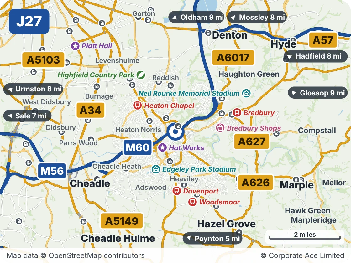 Map of the area within about 5 miles of M60 Junction 27 (Portwood Roundabout), showing the towns, villages, roads and places to visit