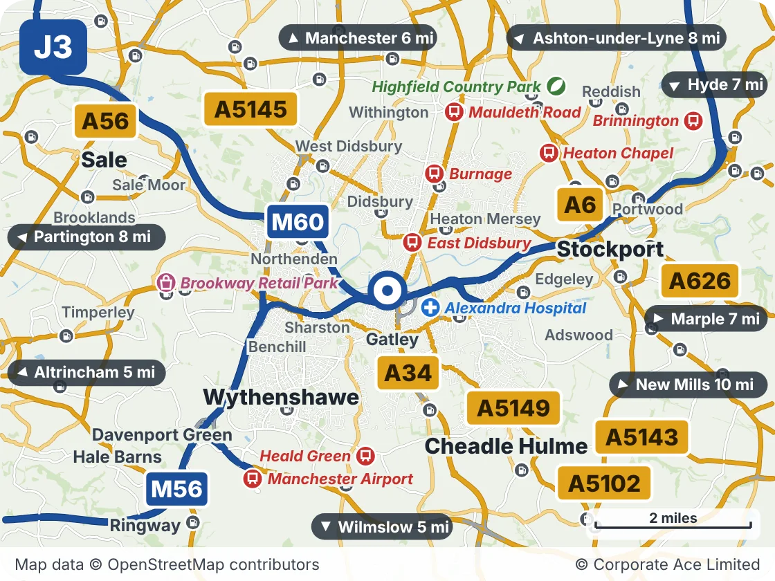 Map of the area within about 5 miles of M60 Junction 3 (Kingsway Interchange), showing the towns, villages, roads and places to visit
