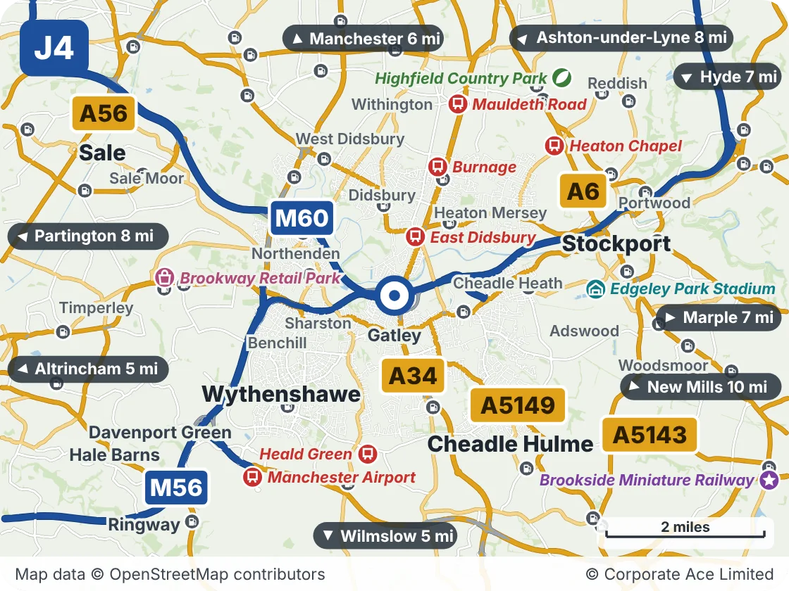 Map of the area within about 5 miles of M60 Junction 4 (Kingsway Interchange), showing the towns, villages, roads and places to visit
