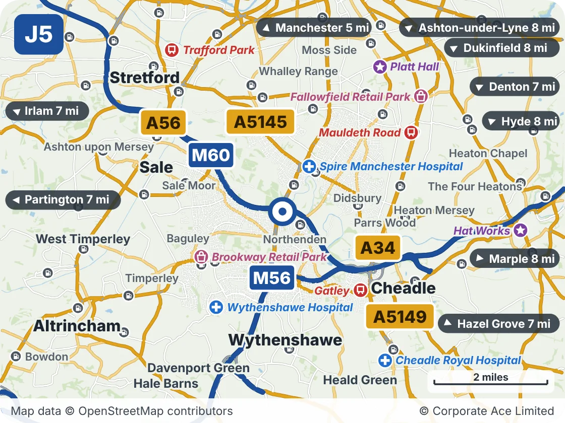 Map of the area within about 5 miles of M60 Junction 5 (Princess Parkway Interchange), showing the towns, villages, roads and places to visit