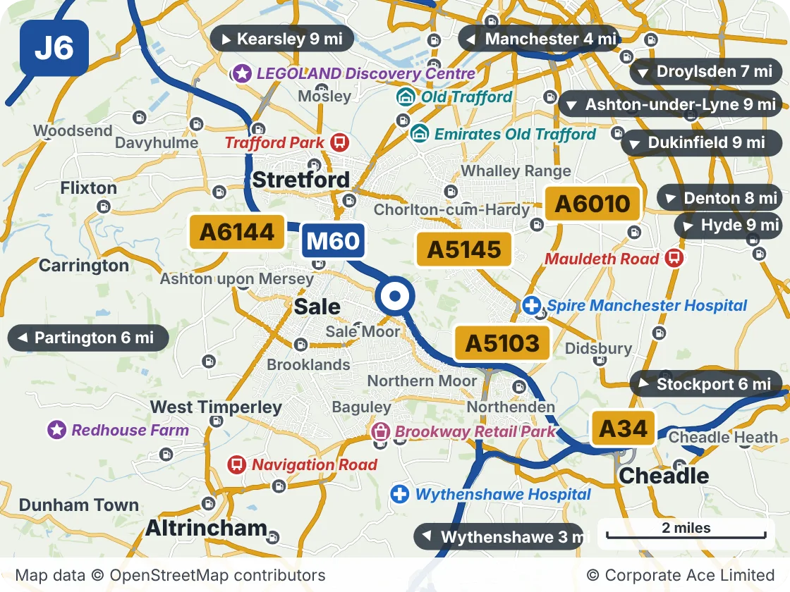 Map of the area within about 5 miles of M60 Junction 6, showing the towns, villages, roads and places to visit