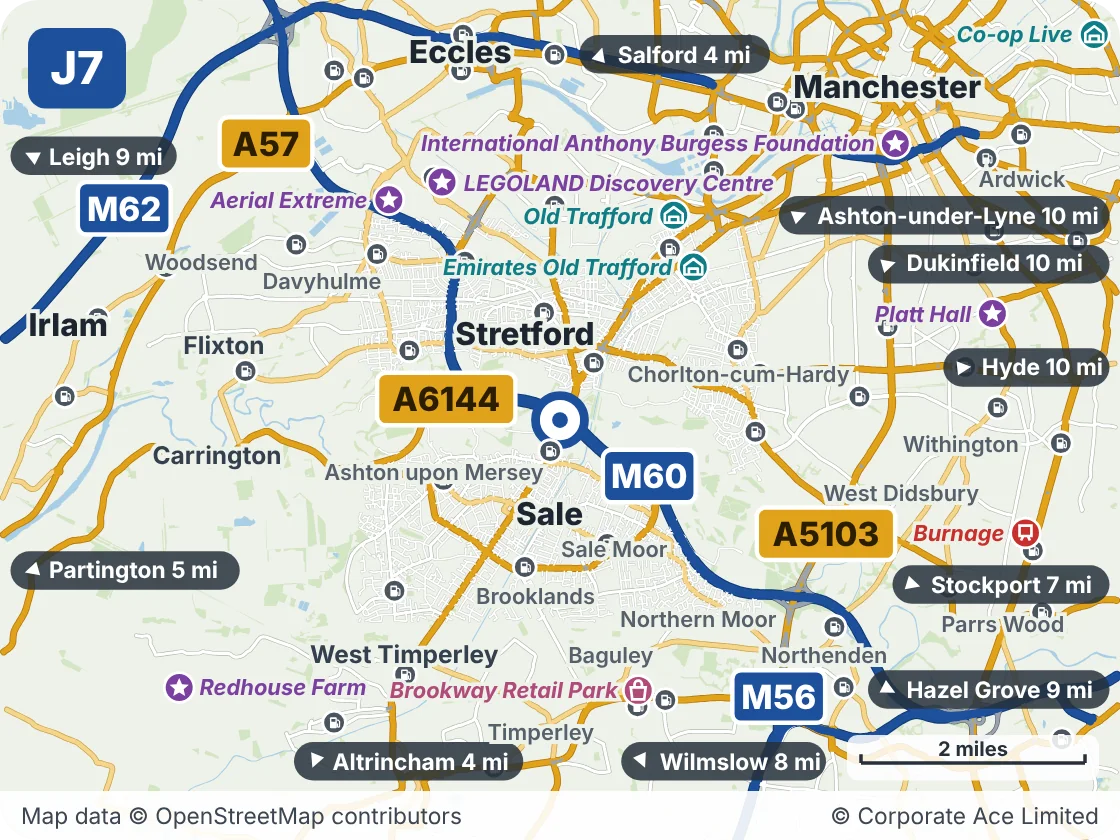Map of the area within about 5 miles of M60 Junction 7 (Chester Road Interchange), showing the towns, villages, roads and places to visit