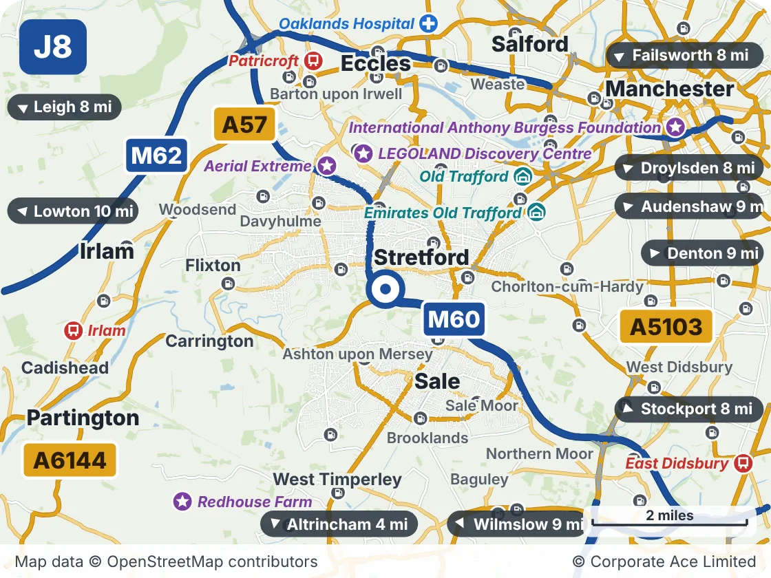 Map of the area within about 5 miles of M60 Junction 8 (Carrington Interchange), showing the towns, villages, roads and places to visit