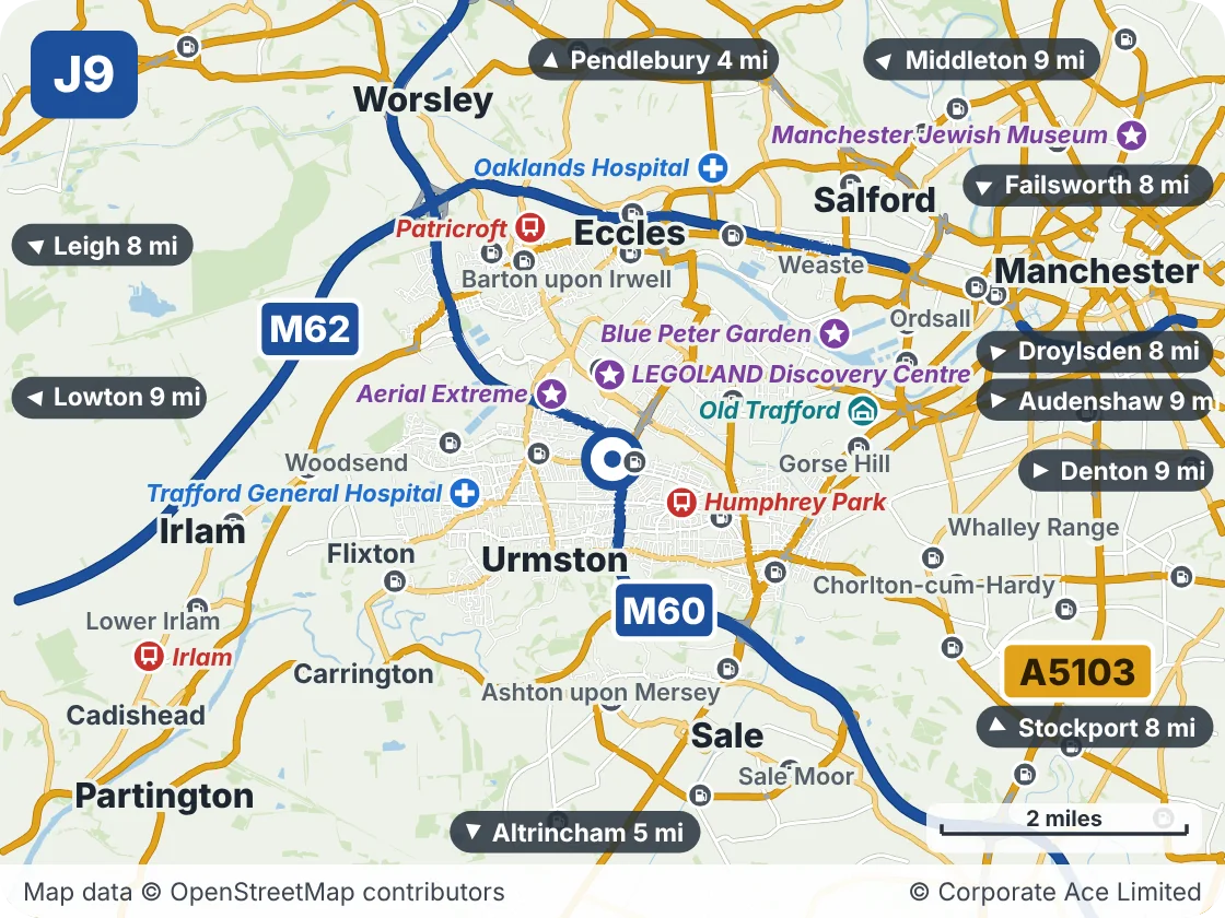 Map of the area within about 5 miles of M60 Junction 9 (Lostock), showing the towns, villages, roads and places to visit